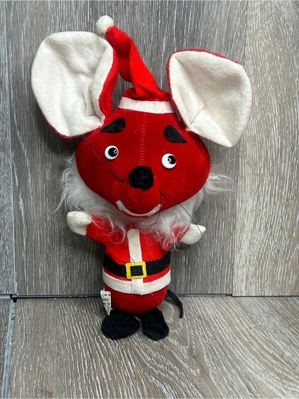 Vintage Red Felt Christmas Mouse Ornament Plush Santa Suit Retro 8”